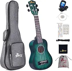 Winzz Kit para iniciantes ukulele soprano para crianças e adultos, conjunto de ukulele de 53 cm azul-verde com 8 acessórios, design de cor exclusivo
