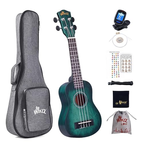 Winzz 21”Ukulélé Soprano Débutants Enfants Adultes, Couleur Unique Design Ukulélé Kit avec 6 Accessoires - Cyan Foncé