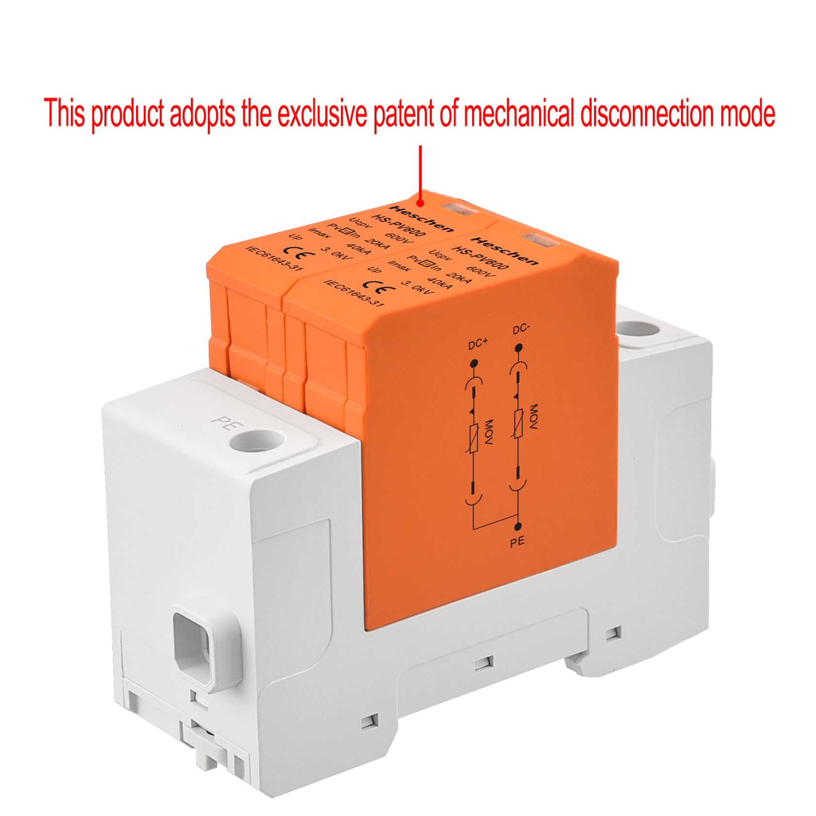 Heschen Surge Protective Device for PV HS-PV600, 2P 600VDC 20KA, Fire-Proof, 35mm DIN Rail Mounting - Image 4