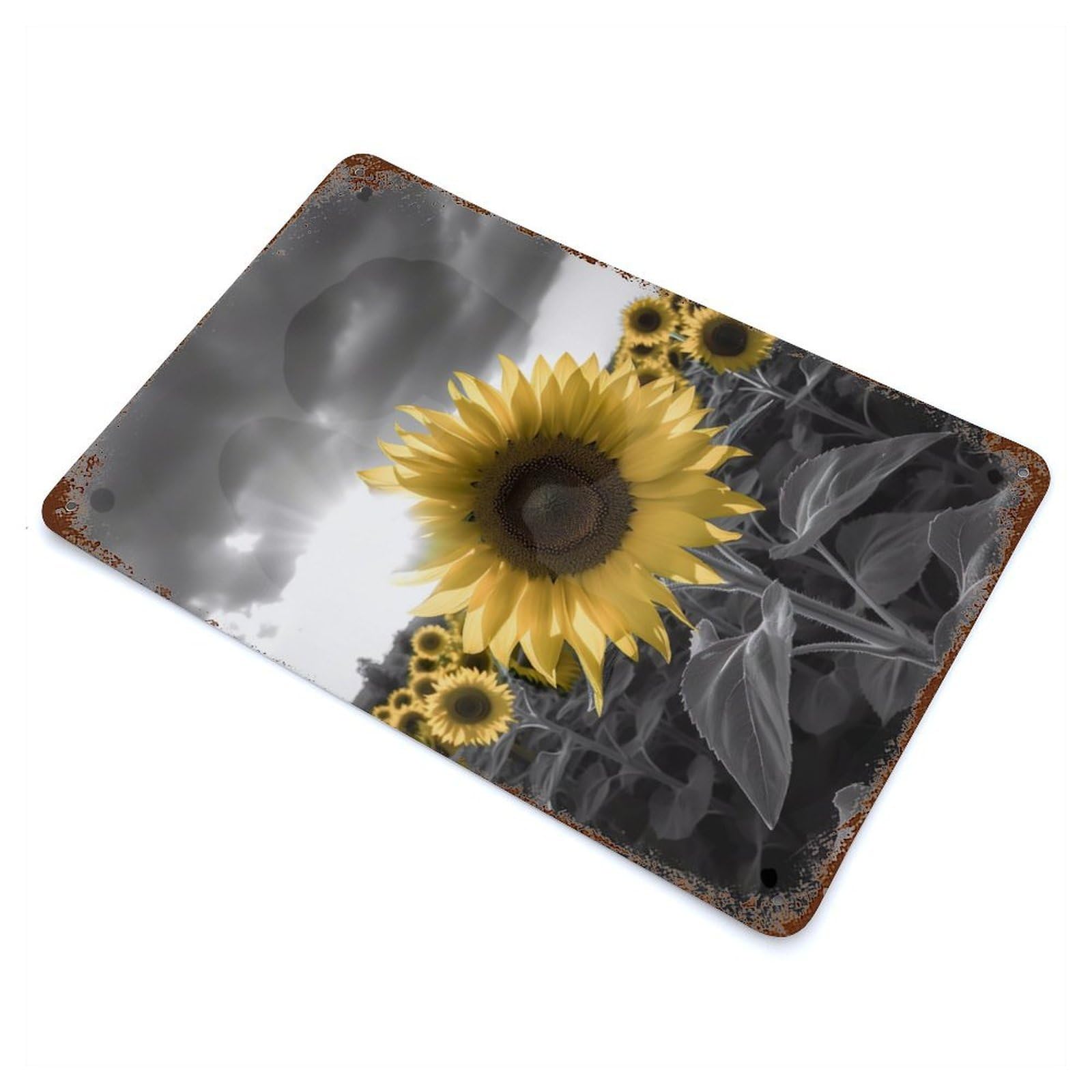 Sunflower Field Greyscale Vintage Wall Sign 11.8"x7.9", Rust Effect Metal Decor for Farmhouse, Kitchen And Entryway Decor