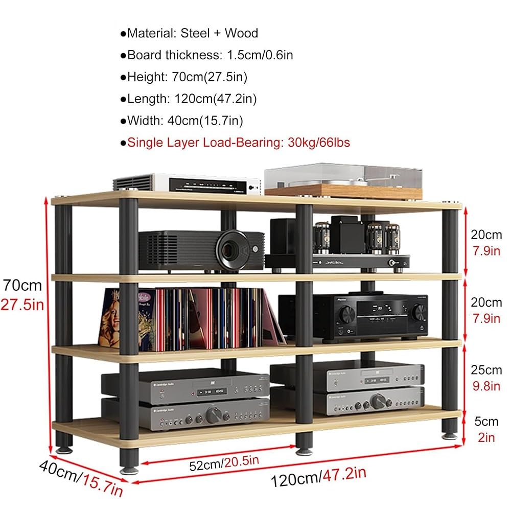 Stojak na audio wideo, 4-poziomowa szafka do przechowywania multimediów, 119 cm, dwurzędowy stojak na nośniki AV, stojak na wzmacniacz HiFi, szafka pod telewizor o dużej pojemności z drewnianą półką,