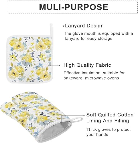 Miniatura 3 de Juego de 4 manoplas de horno y agarraderas de flores brillantes amarillas y azules, resistentes al calor, guantes antideslizantes, decoración de