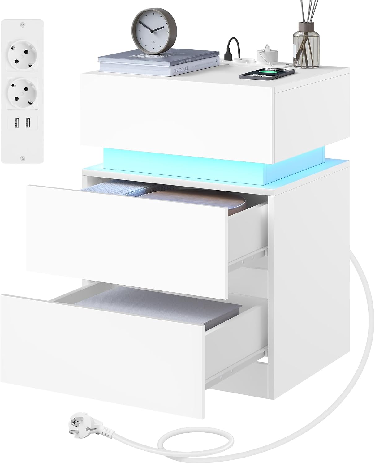 WOLTU Smart Nightstand in white with LED lighting, charging devices, and a vase of flowers on top, placed next to a bed.