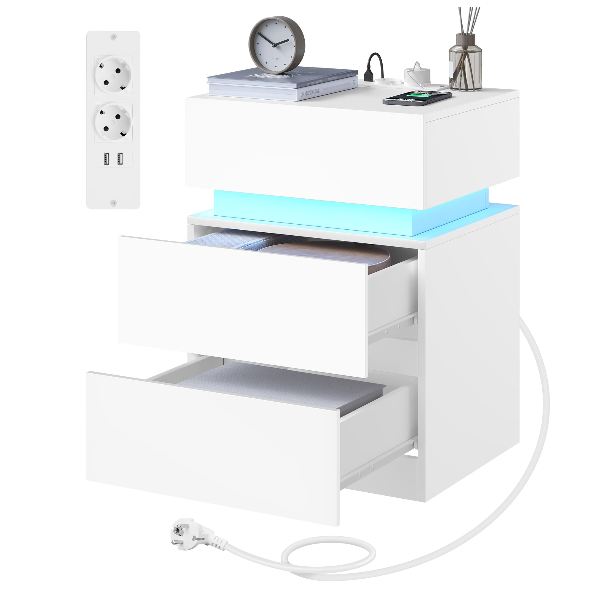 WOLTU Mesita Noche con Estación Carga, Mesa Auxiliar con Luz LED, 2 Cajones, 2 Puertos y 2 Enchufes, Mesilla para Dormitorio y Sofa, Blanco, NTS23ws