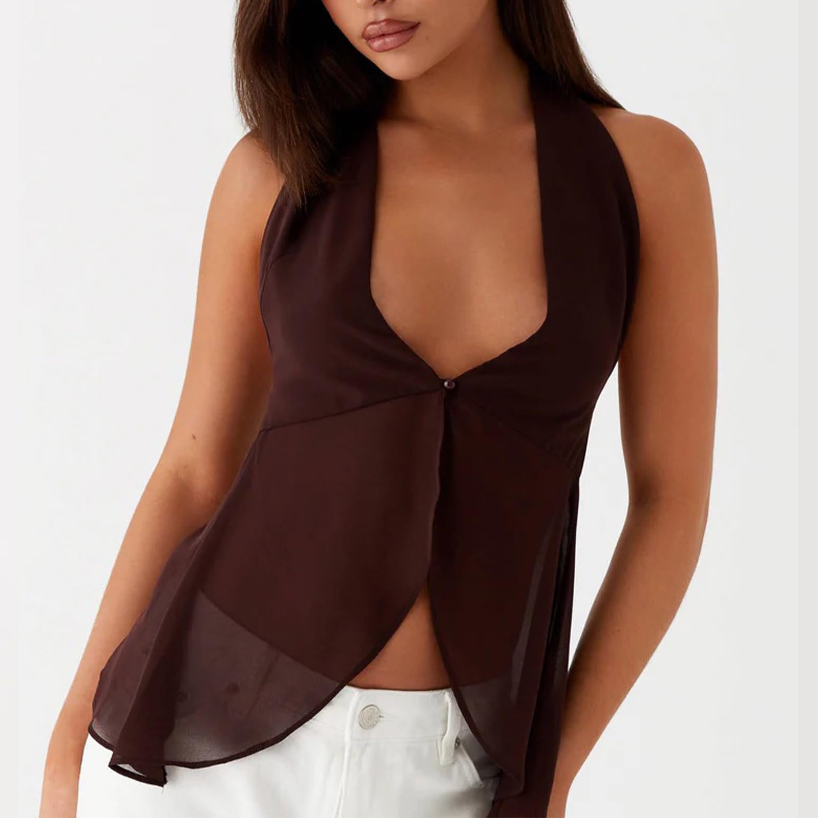 Sexy Outfit Top con Cuello Halter para Mujer, Blusa sin Mangas de Gasa Transparente con Cuello en V Profundo y Espalda Abierta, Top Elegante para Fiesta de Verano