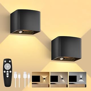 6000mAh Akku Wandleuchte Innen mit Bewegungsmelder, Wandlampe mit Fernbedienung Einstellbar Abstrahlwinkel, 3 Modi 2700K-6500K Dimmbar Timer LED Aufladbare Wandleuchte für Treppe Flur 2 Stück - Amazon product rated Grade A