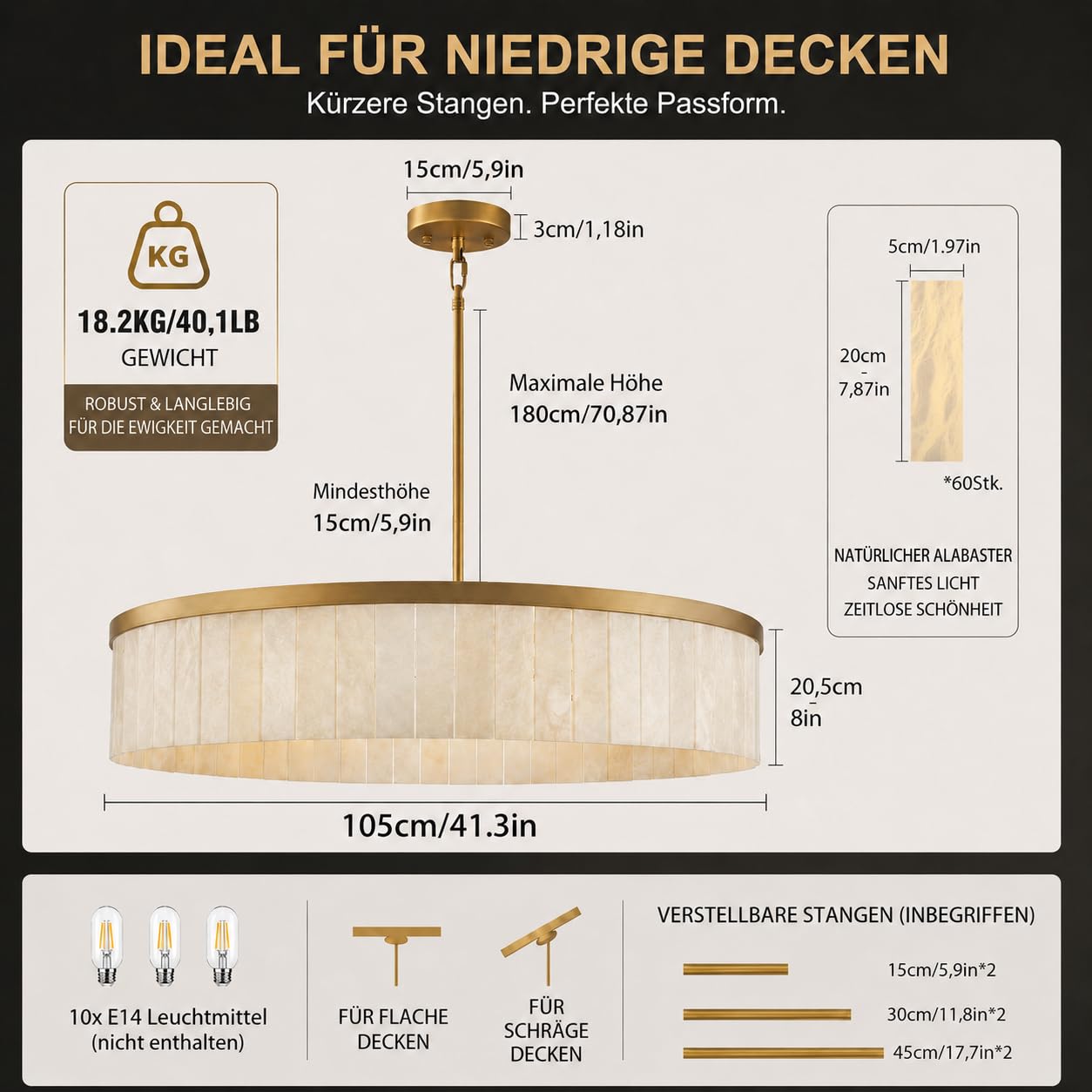 Luxus Alabaster Pendelleuchte Rund Ø105cm, Spanischer Marmor Kronleuchter Höhenverstellbar, Gold Hängeleuchte Esstisch, Wohnzimmer, Foyer