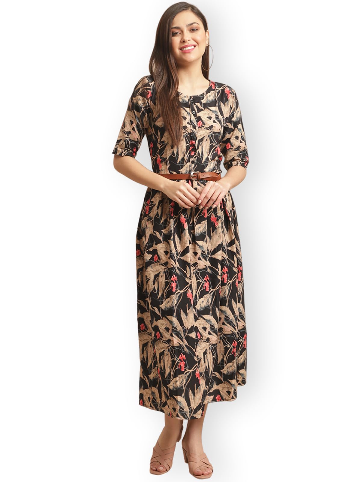Preneum Women's Georgette Fit And Flare Standard Length Dress (Gown-116_Brown_2Xl)