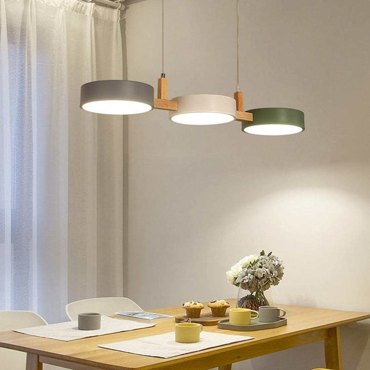 Lámpara Colgante nórdica de 3 Cabezas, lámpara Colgante de Hierro, lámpara Colgante de Madera Maciza, lámpara Colgante LED Creativa de Altura Ajustable para Sala de Estar