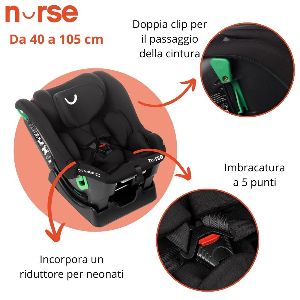 Nurse Traffic, Seggiolino Auto iSize, 40 a 150 cm, 0 a 12 anni, Senza Isofix, Ampia Reclinazione, 13 Posizioni Poggiatesta, Grigio
