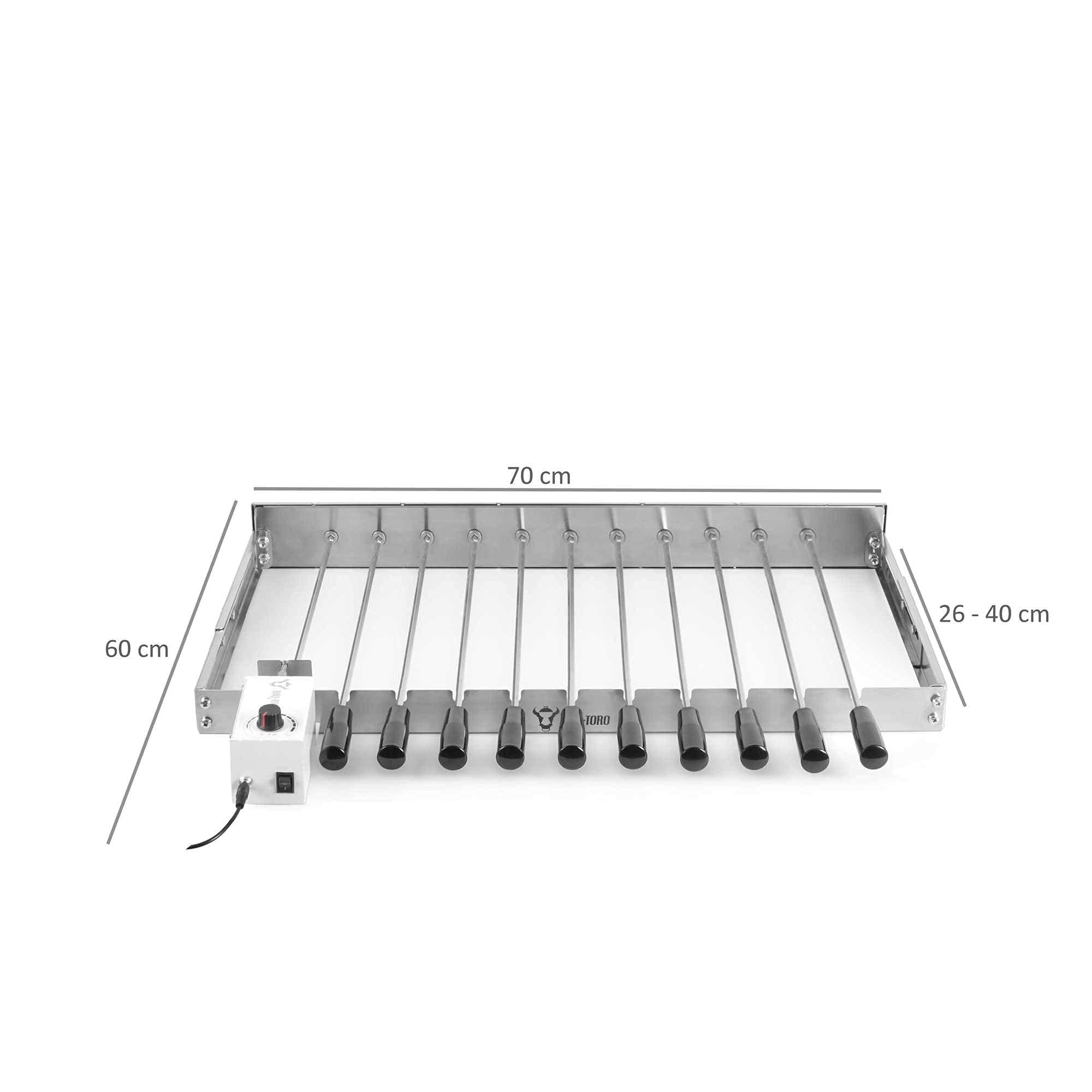 BBQ-Toro Tourne-Broche électrique | Acier Inoxydable - avec 11 brochettes et Moteur - Taille réglable 70 x 26-40 cm - avec Prise d'alimentation et USB - Mangal Chachlik (Moteur Avant Gauche)