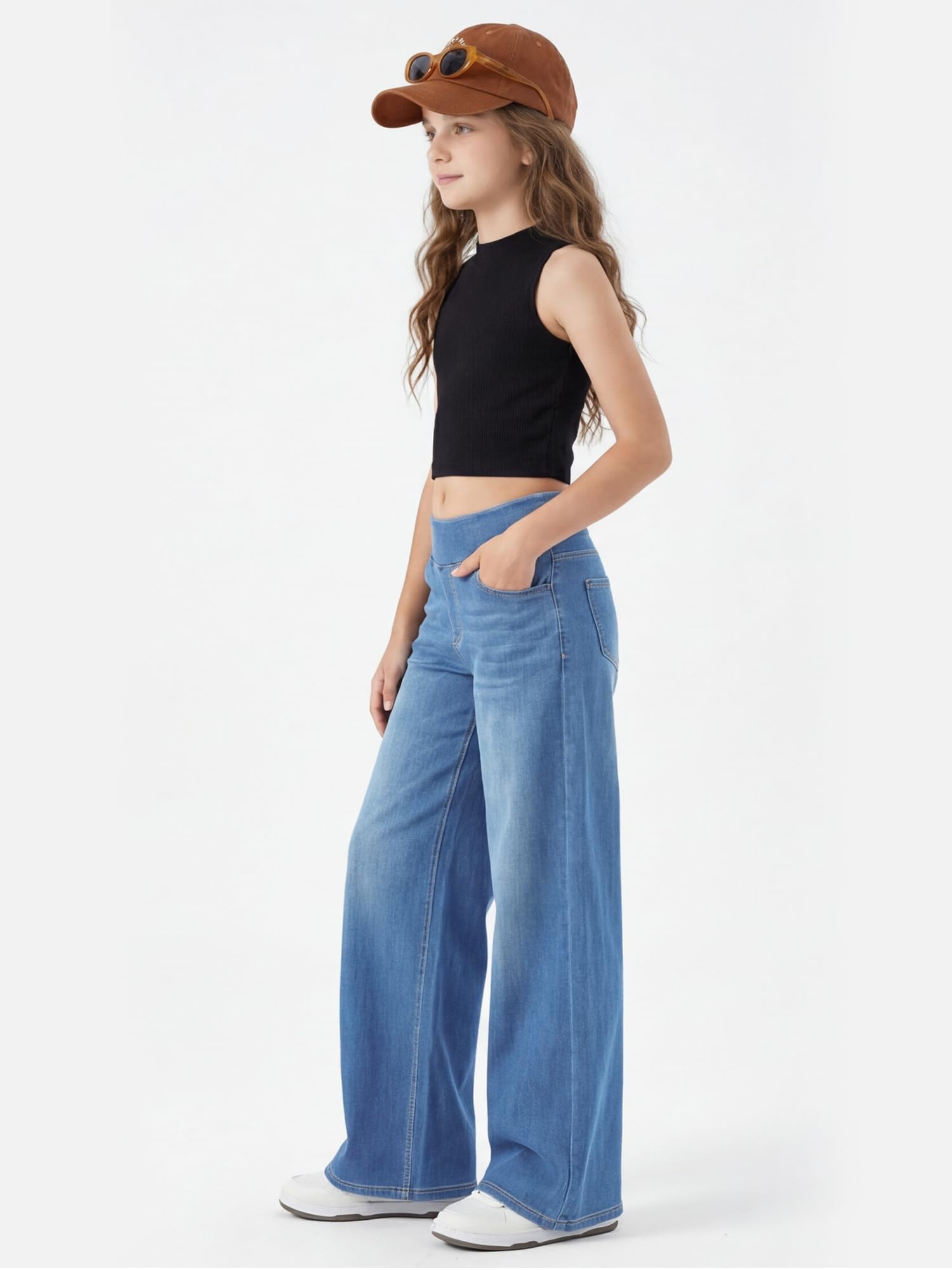 LaiEr Mädchen Jeans,Weite Bein Denim hochtaillierte lockere Passform,dehnbarer weicher Denim-Stoff,mit Mehreren Taschen,lässige gerade Weite Form,Y2K-Style,Skate-Style,für Alter 5–14 Jahre