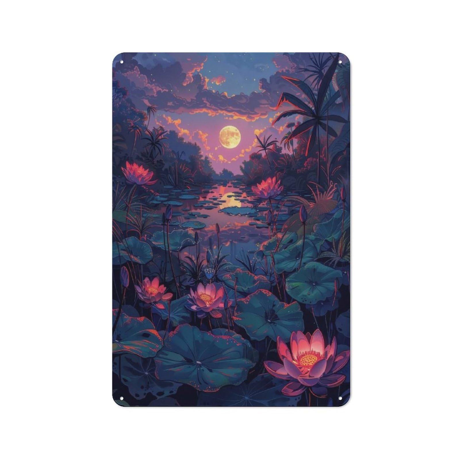 Junmoney Moonlit Lotus Pond Vintage Metal Sign 30X20cm For Café Or Restaurant, Suited To Restaurant Decor Fans