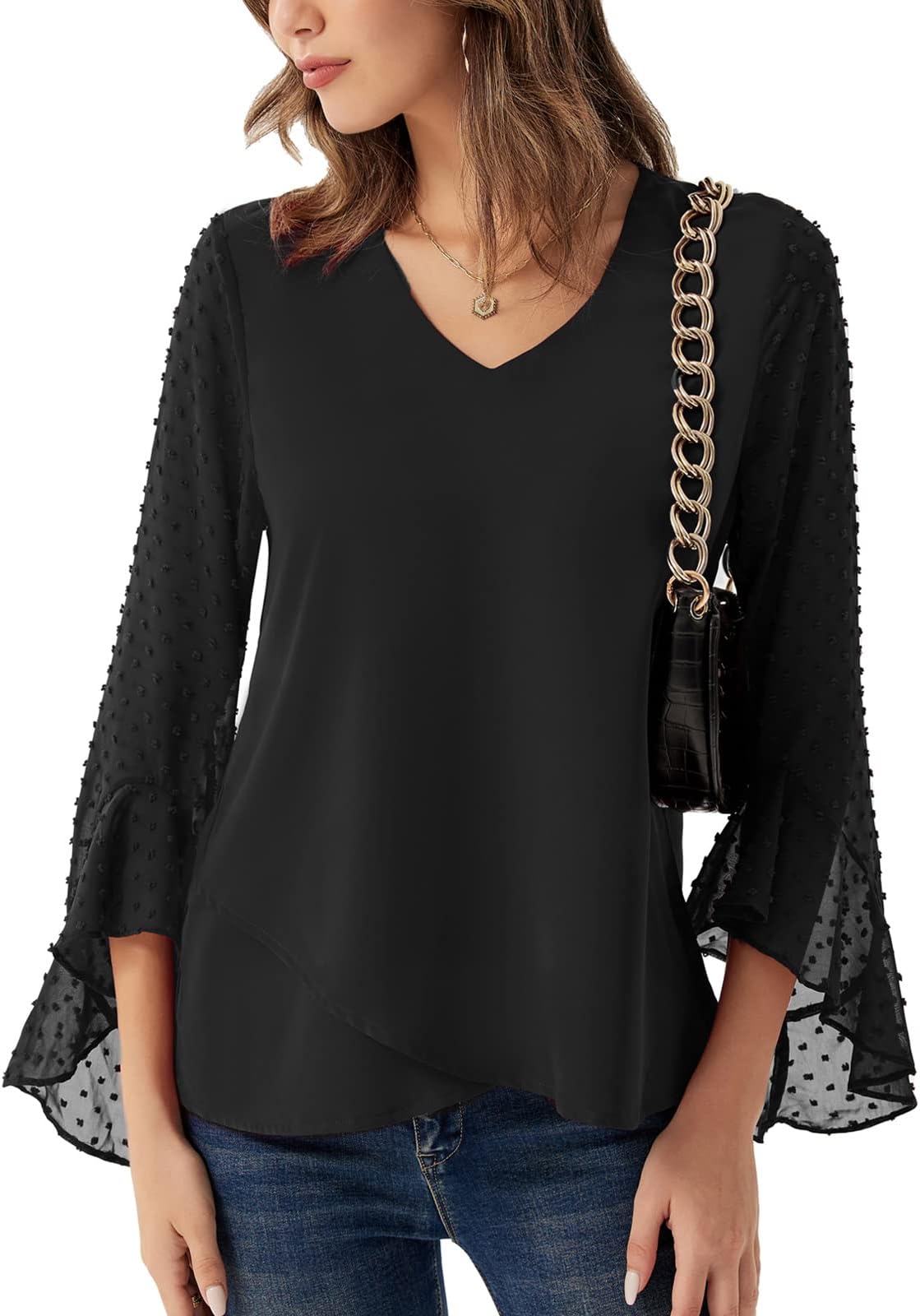 GRACE KARINWomens Dressy Tops Casual Chiffon Blouse Swiss Dot Ruffle Sleeve Shirts Loose Flowy Work Top