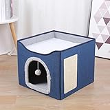 Modern Indoor Cat House Cube with Scratching Post and Play Ball, Easy to fold, disassemble, and Clean，Compact Pet Apartment for Small Cats (Navy Blue)