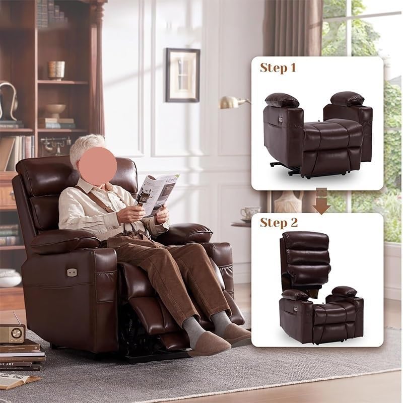 Modern Dual Motor Electric Lift Recliner Chair Elderly Genuine Leather Single Sofa with Memory Side Pockets Cup Holders USB Ports for Living Room