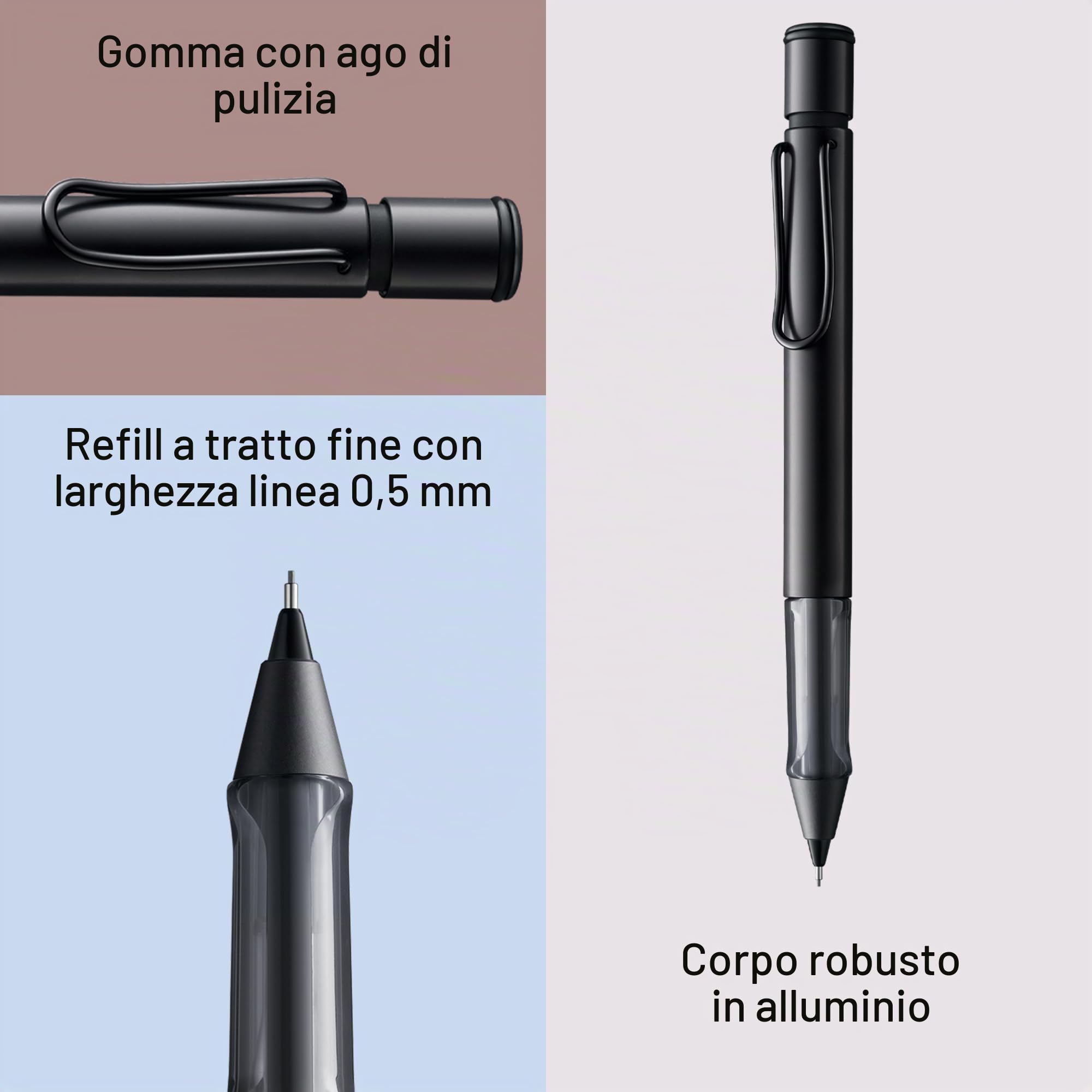 Lamy AL-star black - Matita meccanica con impugnatura trasparente ed ergonomica e corpo in alluminio leggero - ricambio M 41 da 0,5 mm e punta per cancellare inclusi