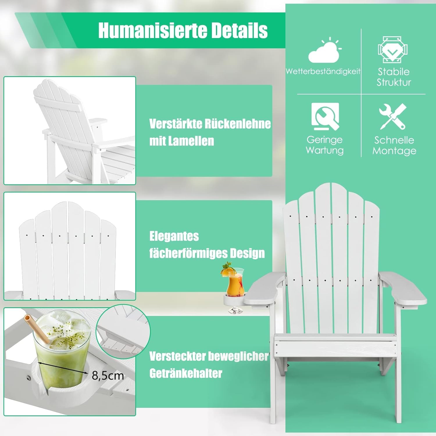 FANTASK Adirondack - Sedia da giardino resistente alle intemperie, in plastica, colore: Bianco