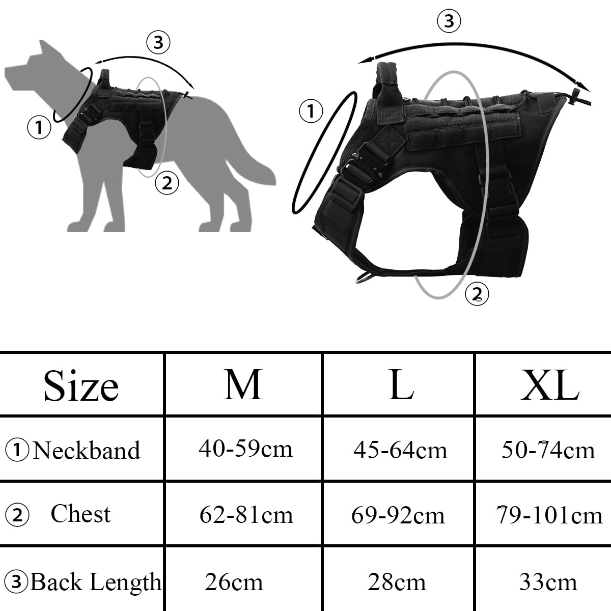 Pettorina Tattica per Cane, 3 Taglie, con MOLLE, Fibbia in Metallo, Resistente Nylon, Traspirante e Regolabile (M)