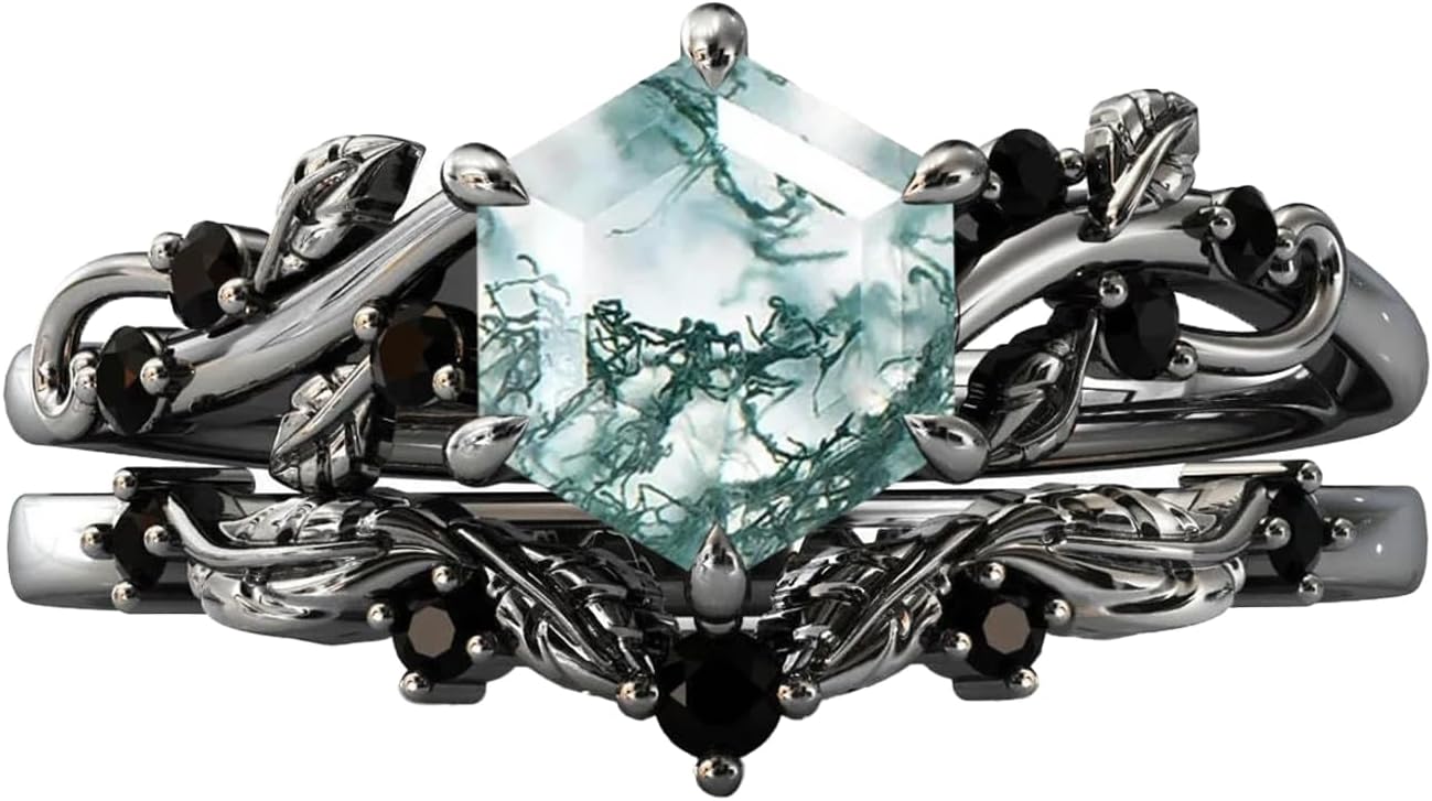 10K 14K 18K Solid Gold Natural Moss Agate Ring Set Inspired Leaf Moss Agate Engagement Ring Set Vintage Unique Moss Agate Bridal Wedding Ring Set Size 4-12.5