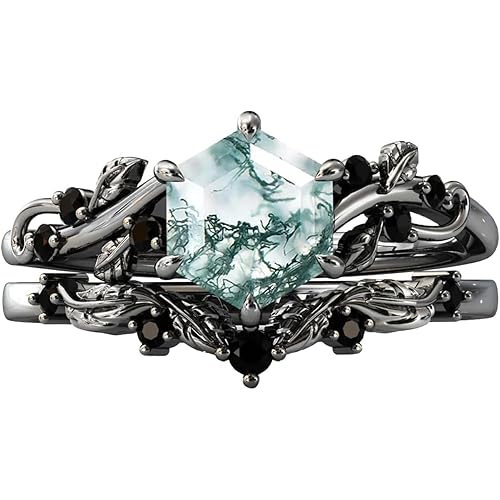 10K 14K 18K Solid Gold Natural Moss Agate Ring Set Inspired Leaf Moss Agate Engagement Ring Set Vintage Unique Moss Agate Bridal Wedding Ring Set Size 4-12.5