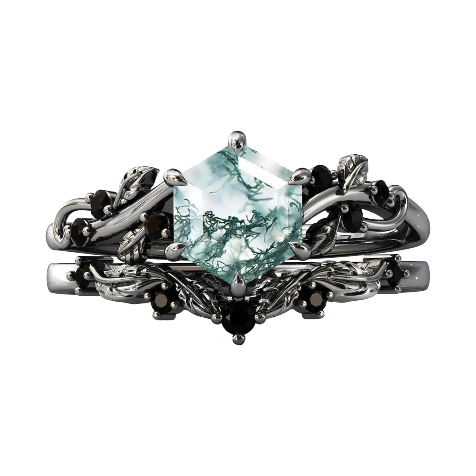 DONGHU Leaf Moss Agate Engagement Ring Set