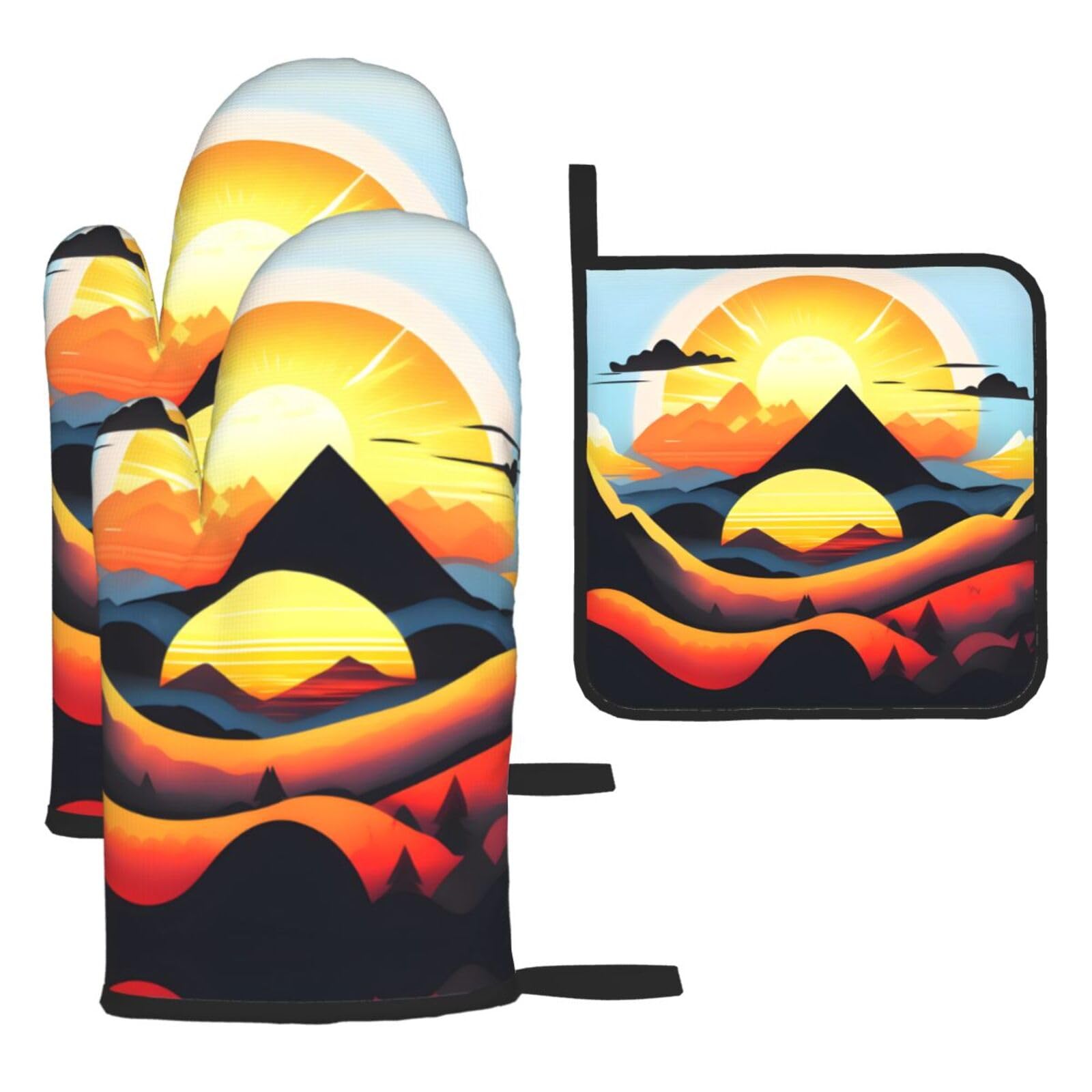 Sunrise Mountain Oven mittens and oven mitts three-piece set suitable for oven, grilling, baking, microwave and home cooking.