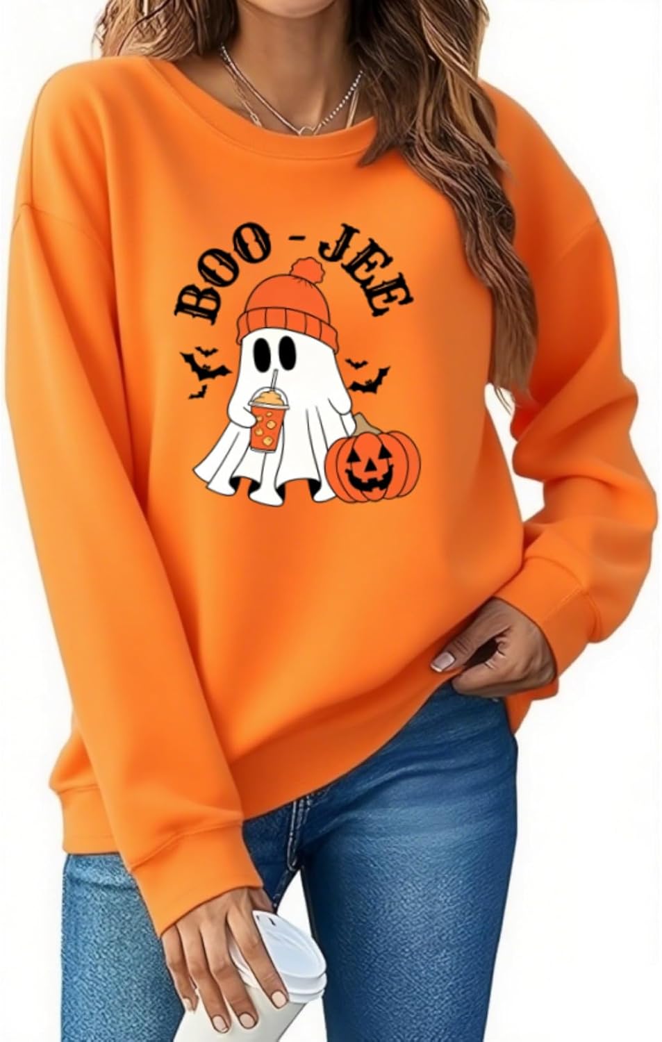 Boo Jee Sweatshirt for Women Halloween Cute Ghost Graphic Sweatshirts Funny Boo Jee Ghost Long Sleeve Pullover Tops