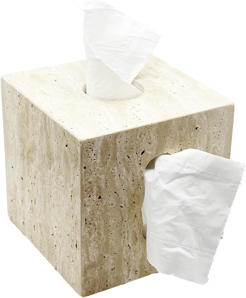 Natural Travertine Marble Tissue Box Cover – for Loose Facial Tissues and Toilet Paper roll, Square Cube Tissue Box Holder with Dual Access, Boho Rustic Farmhouse Décor for Bathroom & Living Room