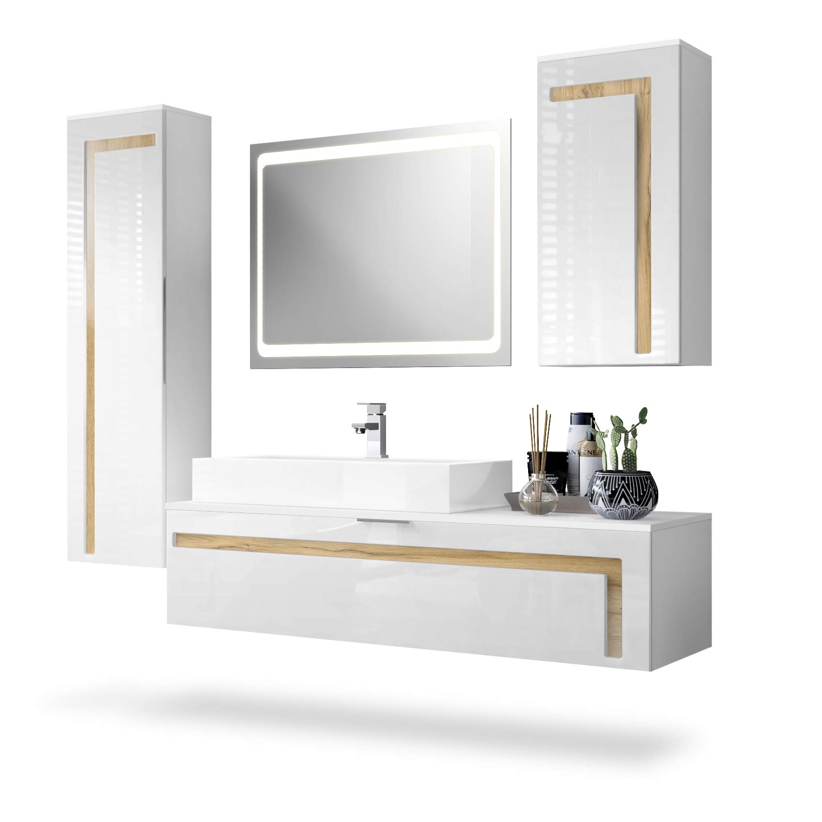 Vladon Set Bagno Aloha V2 Con Specchio LED – Mobile Lavabo E Colonne In Bianco E Rovere – Made In Germany - 4