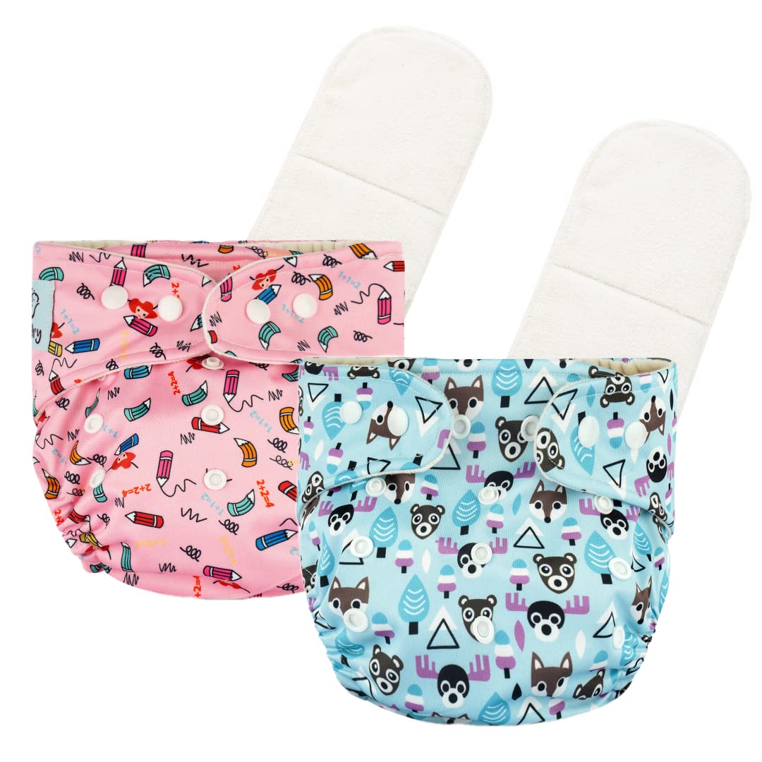 Deedry Oeko-Tex Certified Baby Cloth Diapers Washable & Reusable Diapers with Adjustable Snap Buttons | 3 Months- 3 Years |(With 2 Inserts, Combo of 2)