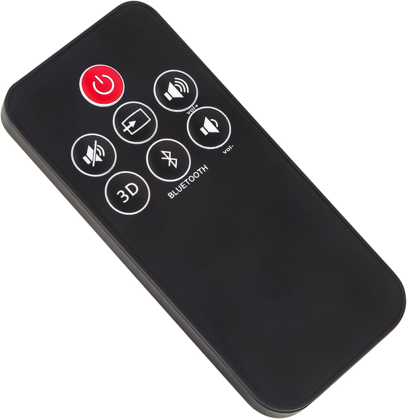 Angled view of the ECONTROLLY RSB10B remote control, highlighting its ergonomic shape and button layout.