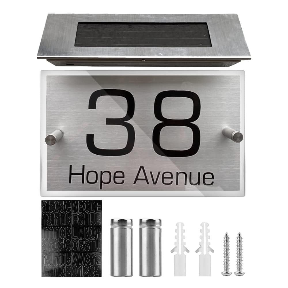 BNGXR Solar House Number, LED Stainless Steel Illuminated Solar House Number with 4 IP44 LEDs with Numbers 0-9 & A-Z Letters and Twilight Switch for Outdoor