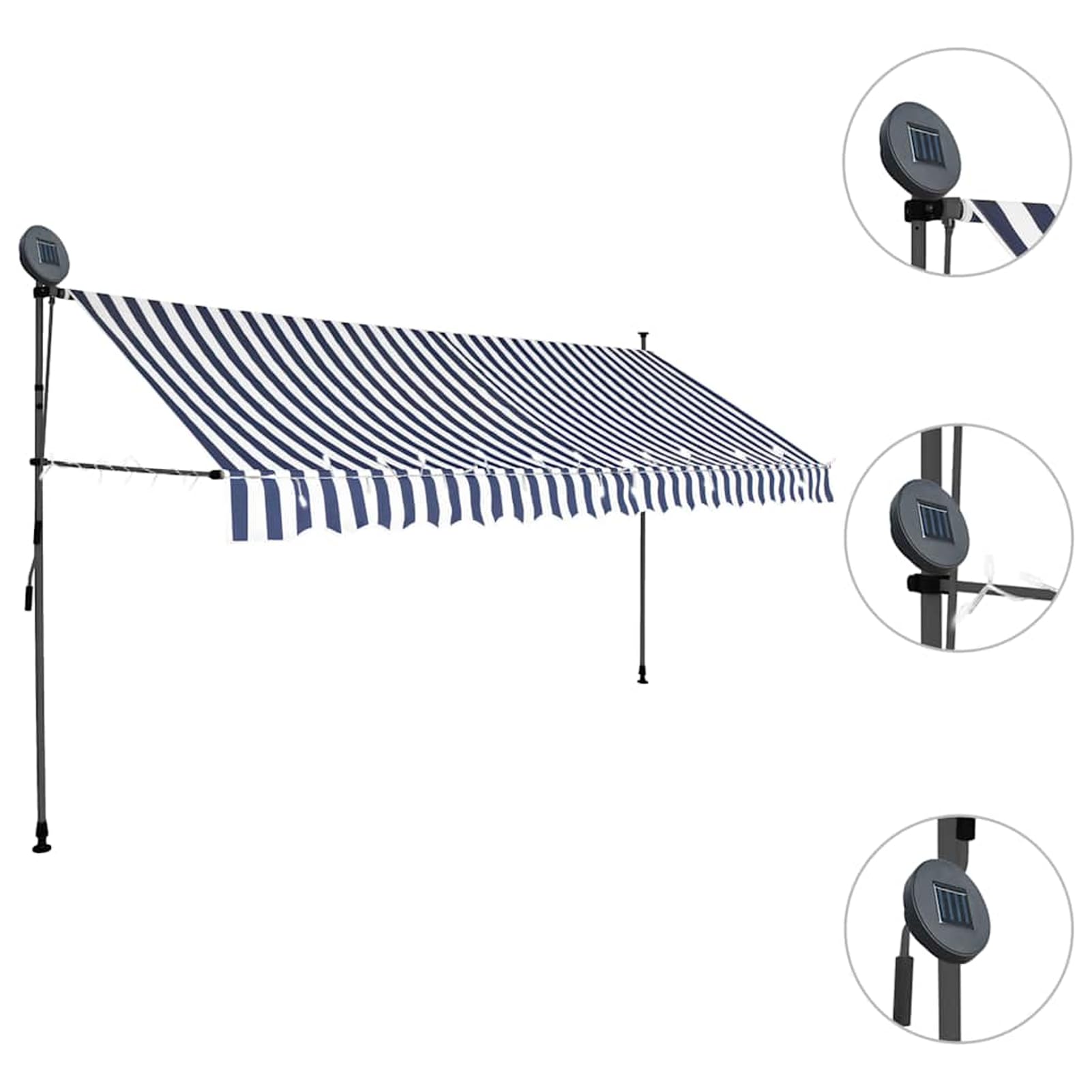 Wysuwana markiza balkonowa, obsługiwana ręcznie, 400 cm, niebiesko-biała, bez wiercenia, z korbą ręczną, aluminiowa markiza odporna na promieniowanie UV, regulacja wysokości i działanie wody