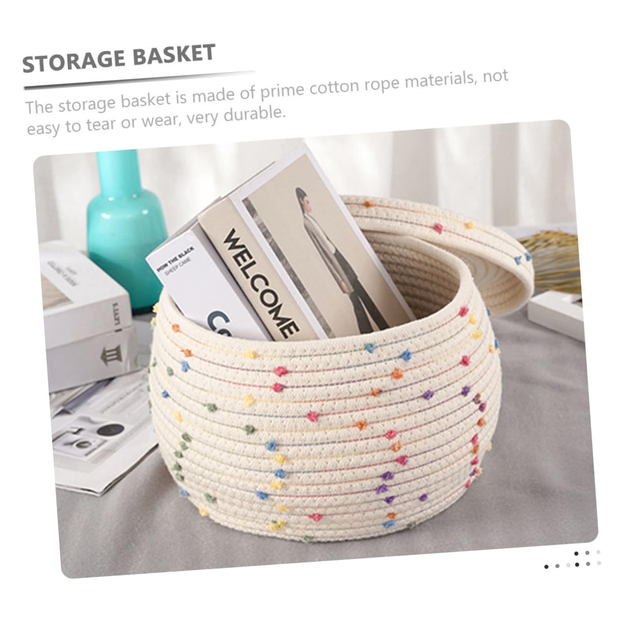 HOMSFOU Cestino Portaoggetti Organizer Casa Versatile e Resistente in Corda di Cotone Intrecciata con Coperchio, Cesta per Conservazione Uova con Trama Delicata
