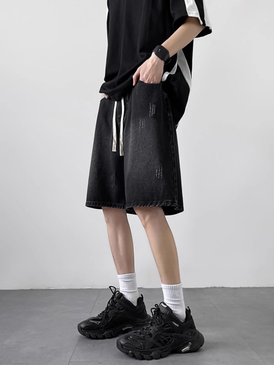 Men's Shorts Denim Summer American Style High Street Straight Leg Loose Fit Shorts for Men-Blue-Medium