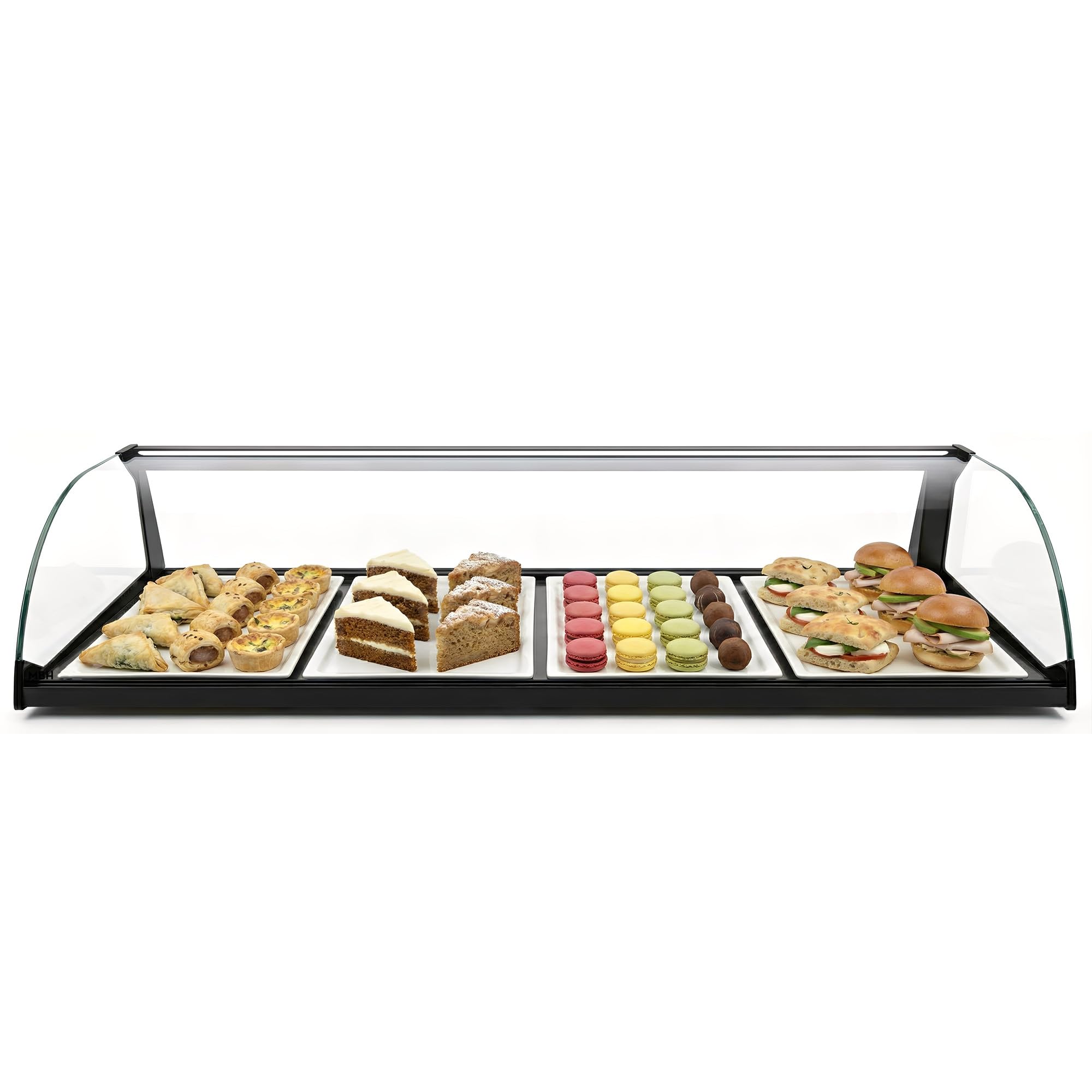 MBH - Neutrale Aufsatzvitrine 84 cm, gebogenes ESG-Sicherheitsglas, 1 Etage, mit LED-Beleuchtung, mit rückseitigen Schiebetüren, für Bar, Café, Restaurant, Gebäck und Konditorei.