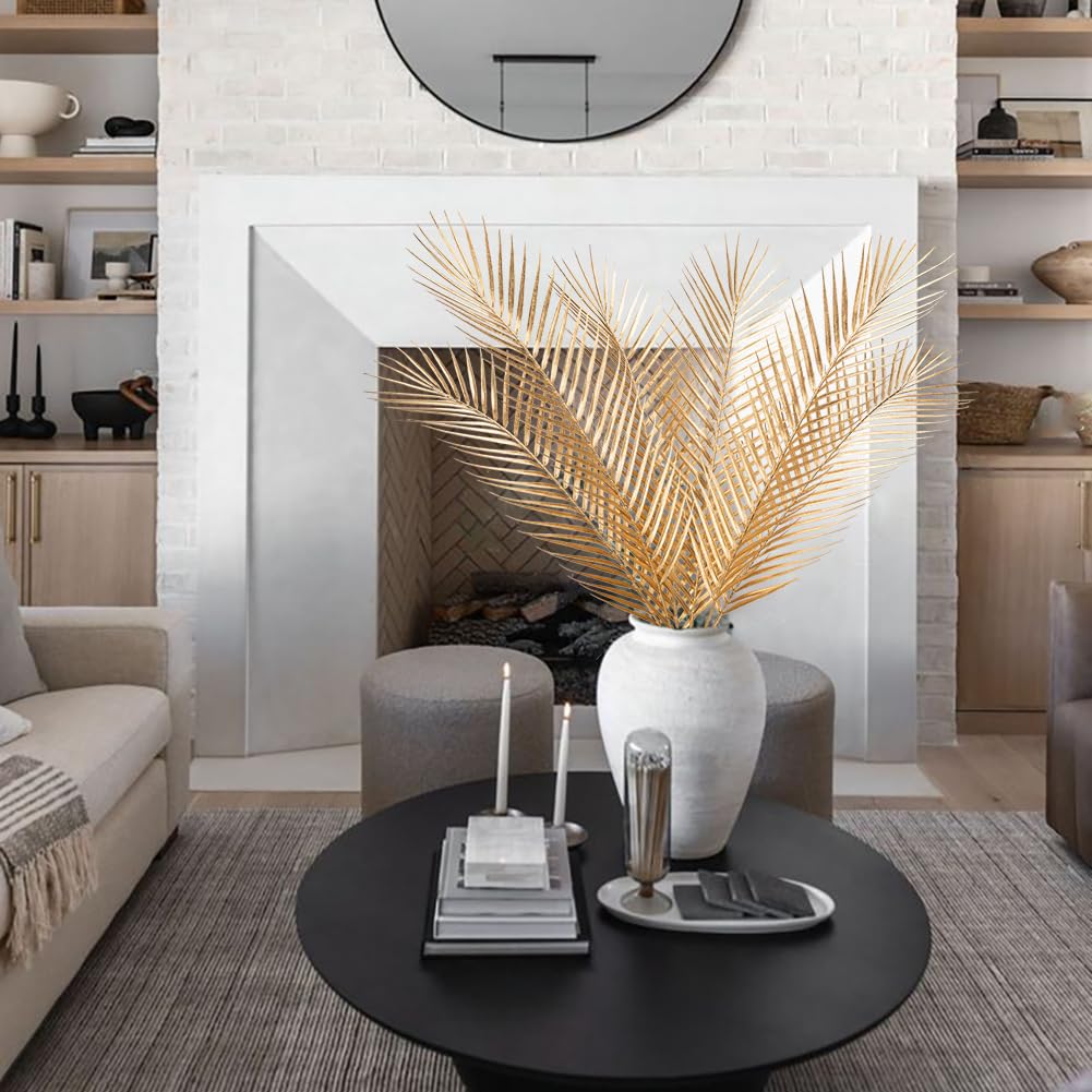 Hollyone 6 pezzi di foglie di palma artificiali, pianta artificiale Areca, rami di palma, 76 cm, foglie di palma dorate, foglie tropicali per composizioni floreali fai da te, matrimoni, feste