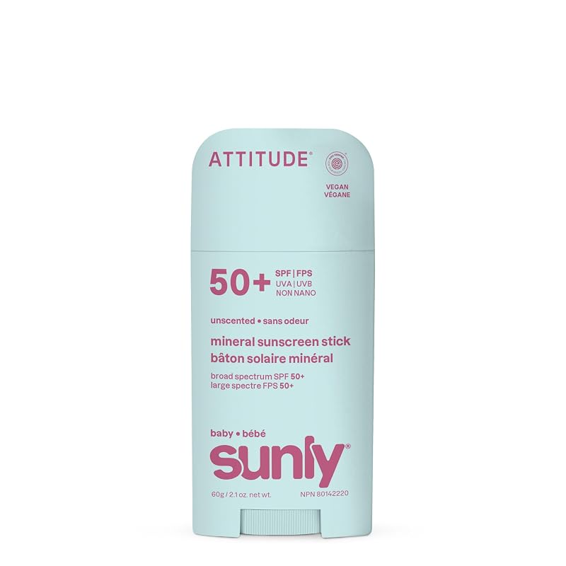 Protetor solar infantil em bastão ATTITUDE Baby Mineral Sunscreen SPF 50, óxido de zinco não nano, sem fragrância, 2 oz