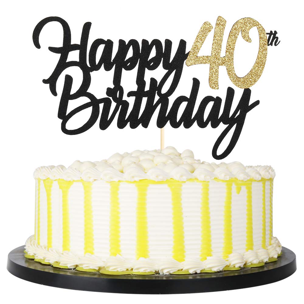 PALASASA Black Gold Glitter Happy Birthday cake topper - 40 Anniversary/Birthday Cake Topper Party Decoration (40th)
