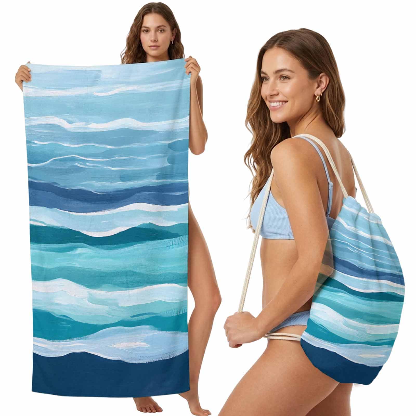 Beach Towel Bag 2 in 1 Teal Stripes Lines Bath Pool Towels Backpack Blue Beach Striped Absorbent Beach Towel Soft Quick Dry Lightweight Packable Towels Drawstring Bag for Travel Camping Sports Picnic
