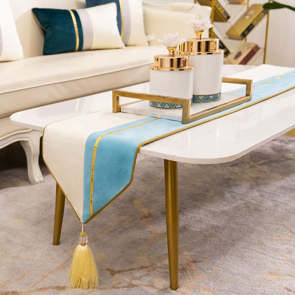 Avigers 12 x 108 Inch Decorative Luxury Light Blue White Gold Leather Striped Patchwork Velvet Table Runners with Tassels for Home Living Room Bedroom Art Decor Wedding
