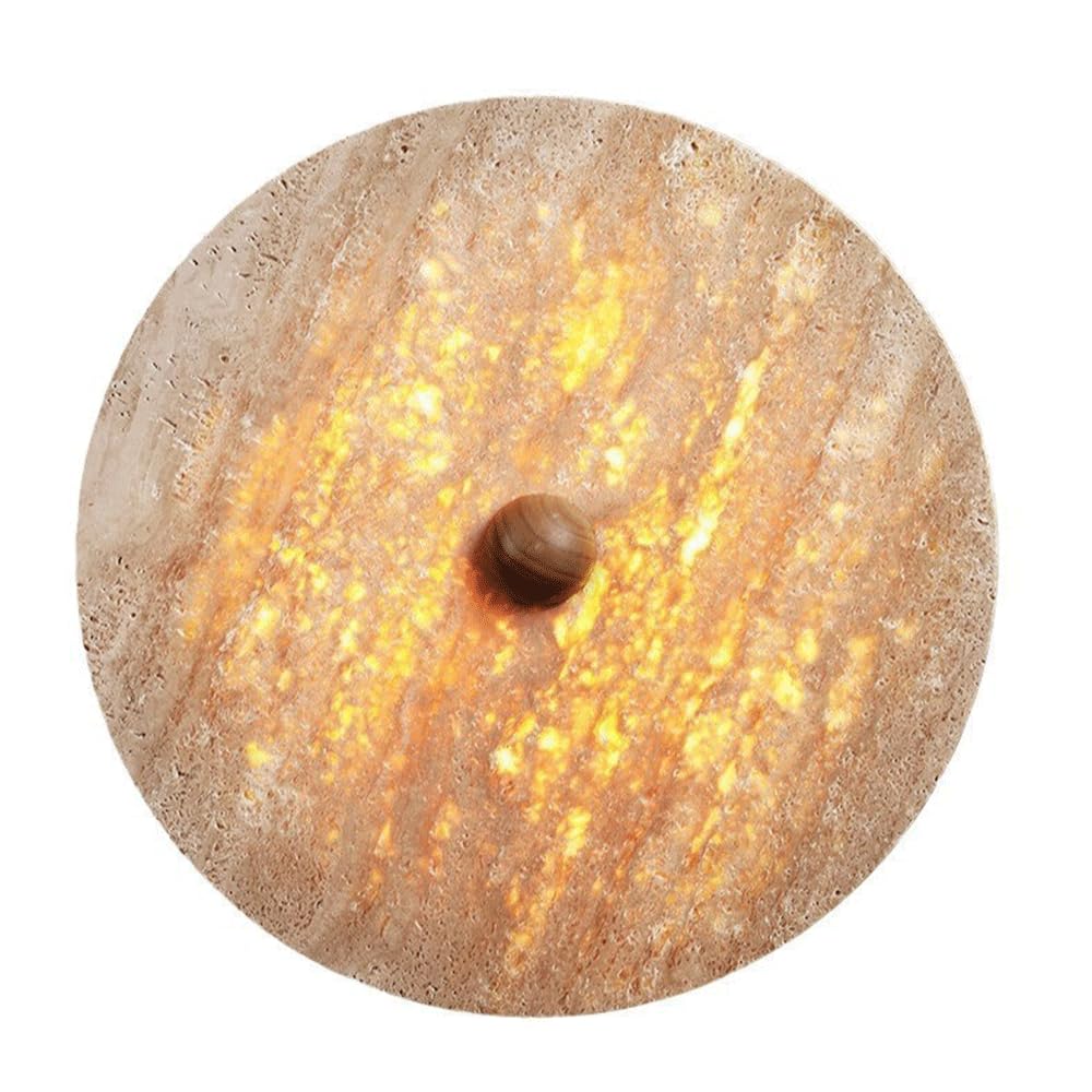 HUAYUSEDF Designer Round Wall Mount Light Fixture Japanese Style Sconce Lighting for Hallway Bedroom Bedside Natural Stone Yellow Travertine Wall Sconce Nordic Creative Round Home Lighting(40cm)