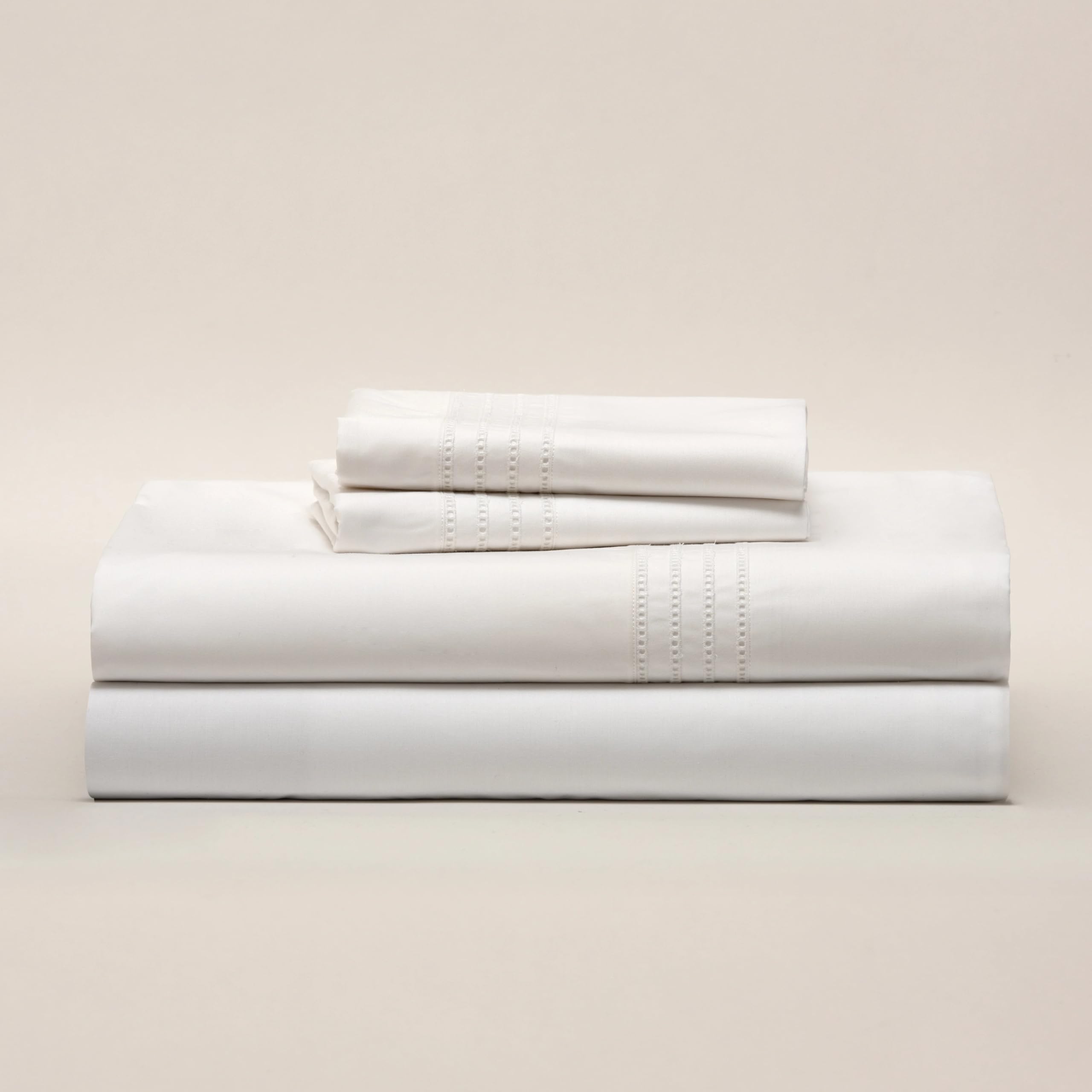 (400 Hilos Juego de Sábanas Algodón Percal Blanco Cuatro Líneas Vainica – AL14-400 Hilos - 100% Algodón de Percal - Cama 150/160 2 Almohadas 50 x 80 cm - Fabricado Portugal
