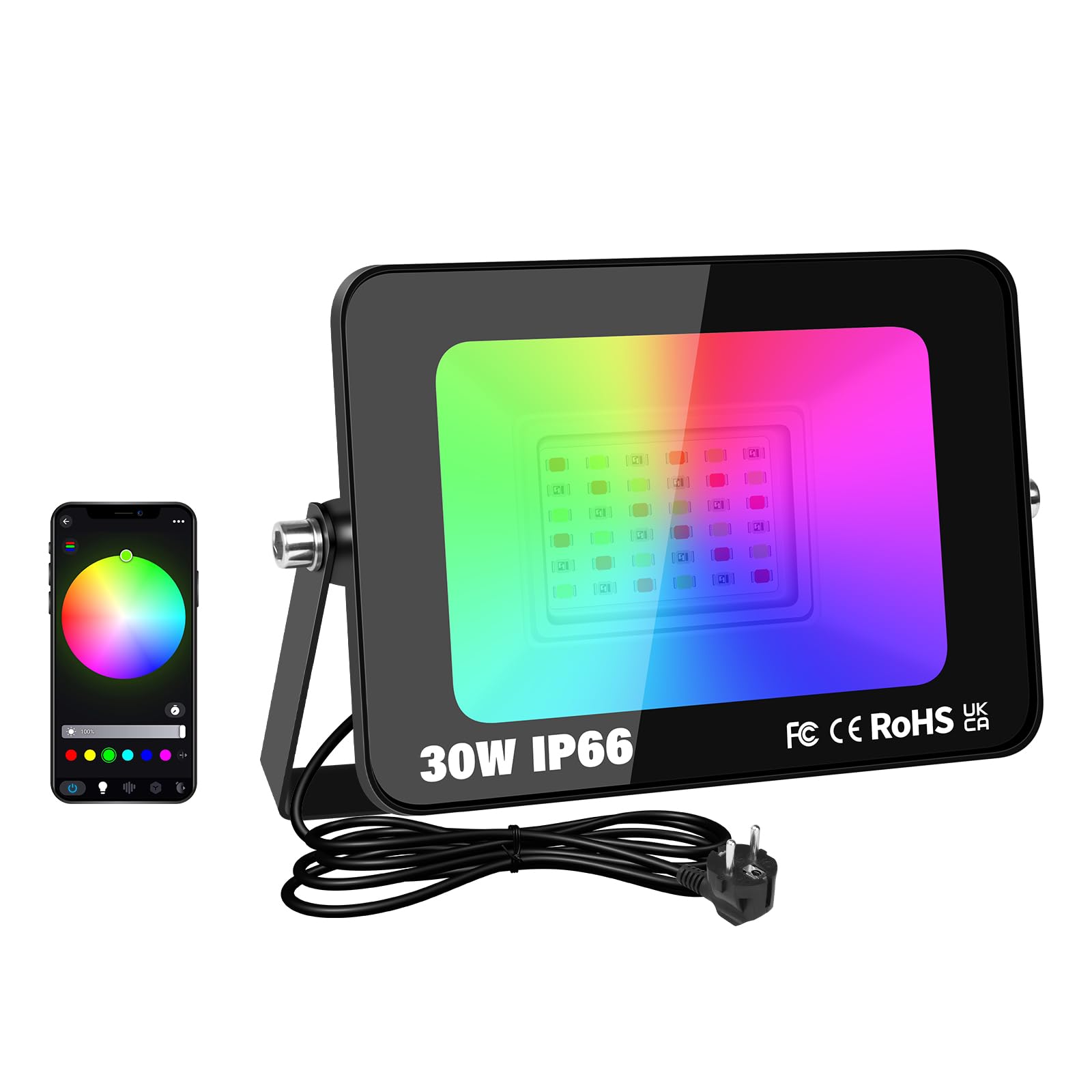 RIGIDON 1X 30W RGB Projecteur LED Extérieurs App Télécommande, 3000LM Exterieur & Interieur couleur RGBW Lumière de Projecteur, Minuteur Neon Spot Led Pour Jadin, Terrasse, Patio, IP66 étanche