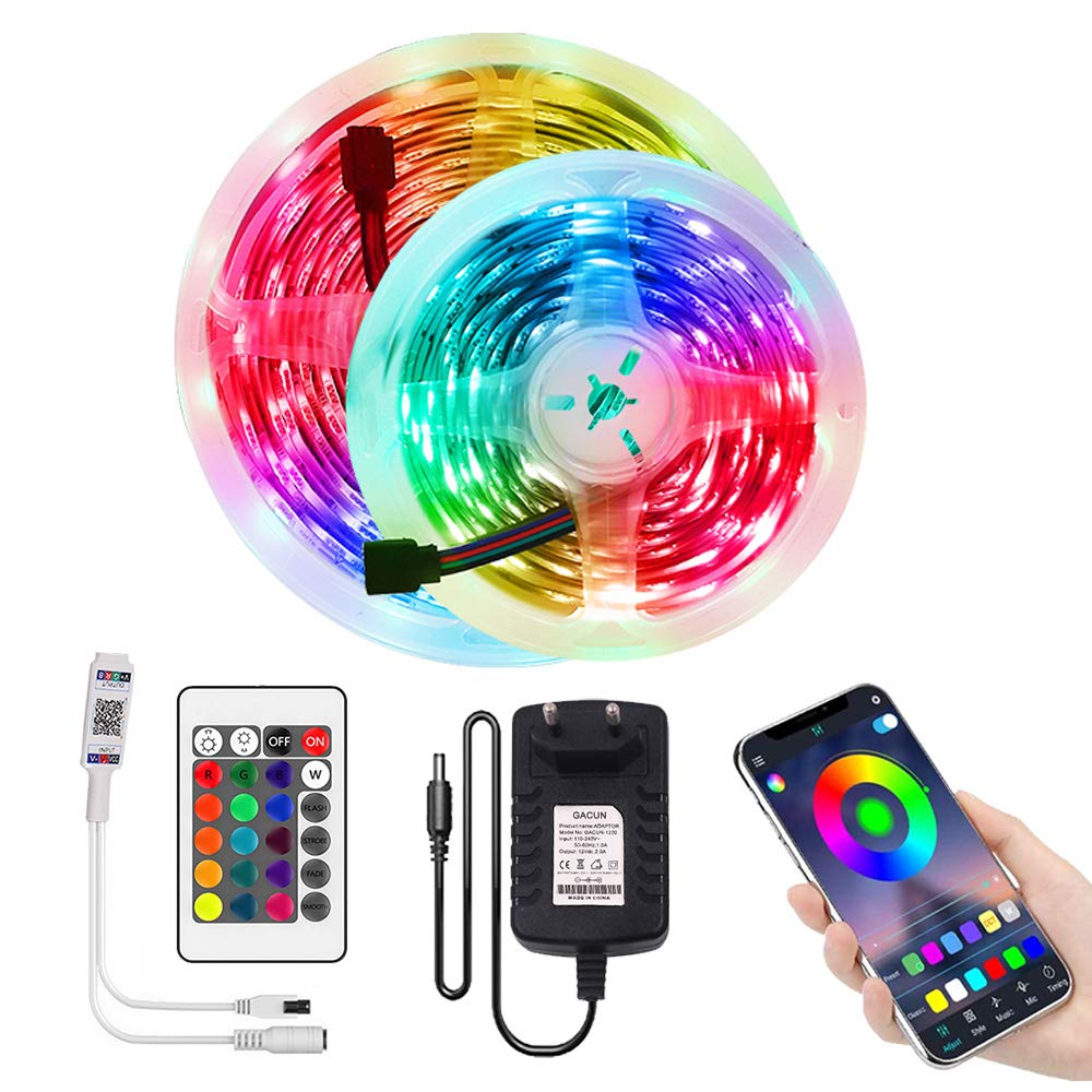 XUNATA Kit Bluetooth de tira de LED RGB de 12V- Tira de luz autoadhesiva SMD 2835 30LEDs/m, Control Remoto, Fuente de alimentación de la UE (20m, Impermeable)