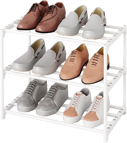 TAUEHR Zapatero pequeño apilable, soporte estrecho para zapatos para niños, estante de almacenamiento de zapatos de metal para 6-8 pares de zapatos,