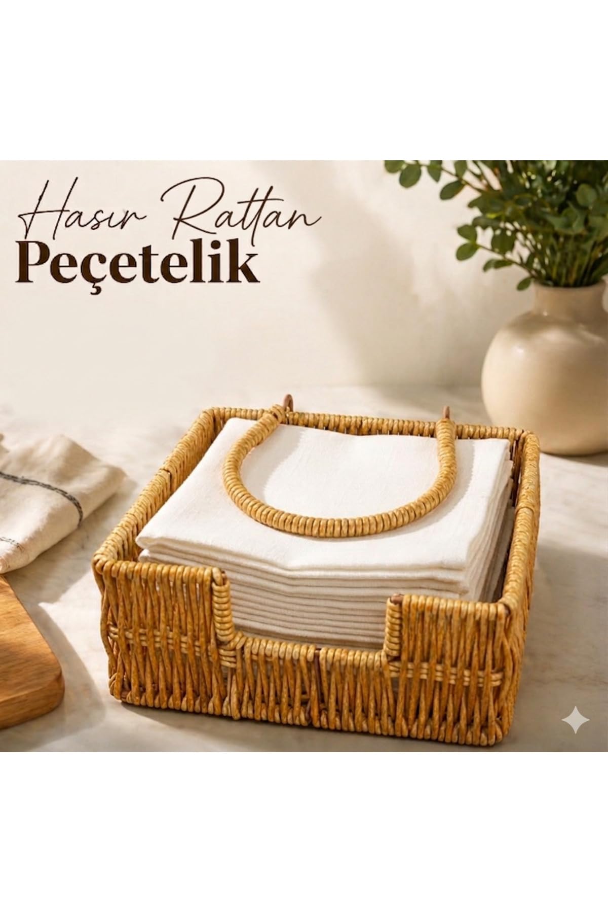 DUFFA Boho Rattan Peçetelik - Rüzgarlık Kollu Yatay Peçete Kutusu, Bahçe, Balkon ve Mutfak için Uçmayı Önleyen Peçete Tutucu, Bohem Masaüstü Düzenleyici Sepet