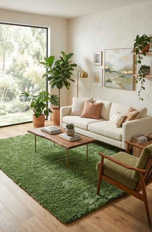 Image of Plain Fur Rugs for Hall and Drawing Room 8x11 Feet Soft Microfiber 2 Inch Height Green Color