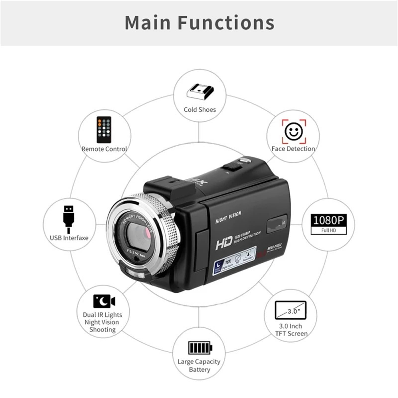Videocamera, Videocamera portatile con registrazione video V12 1080P Full HD 16X con zoom digitale e schermo LCD girevole da 3,0"